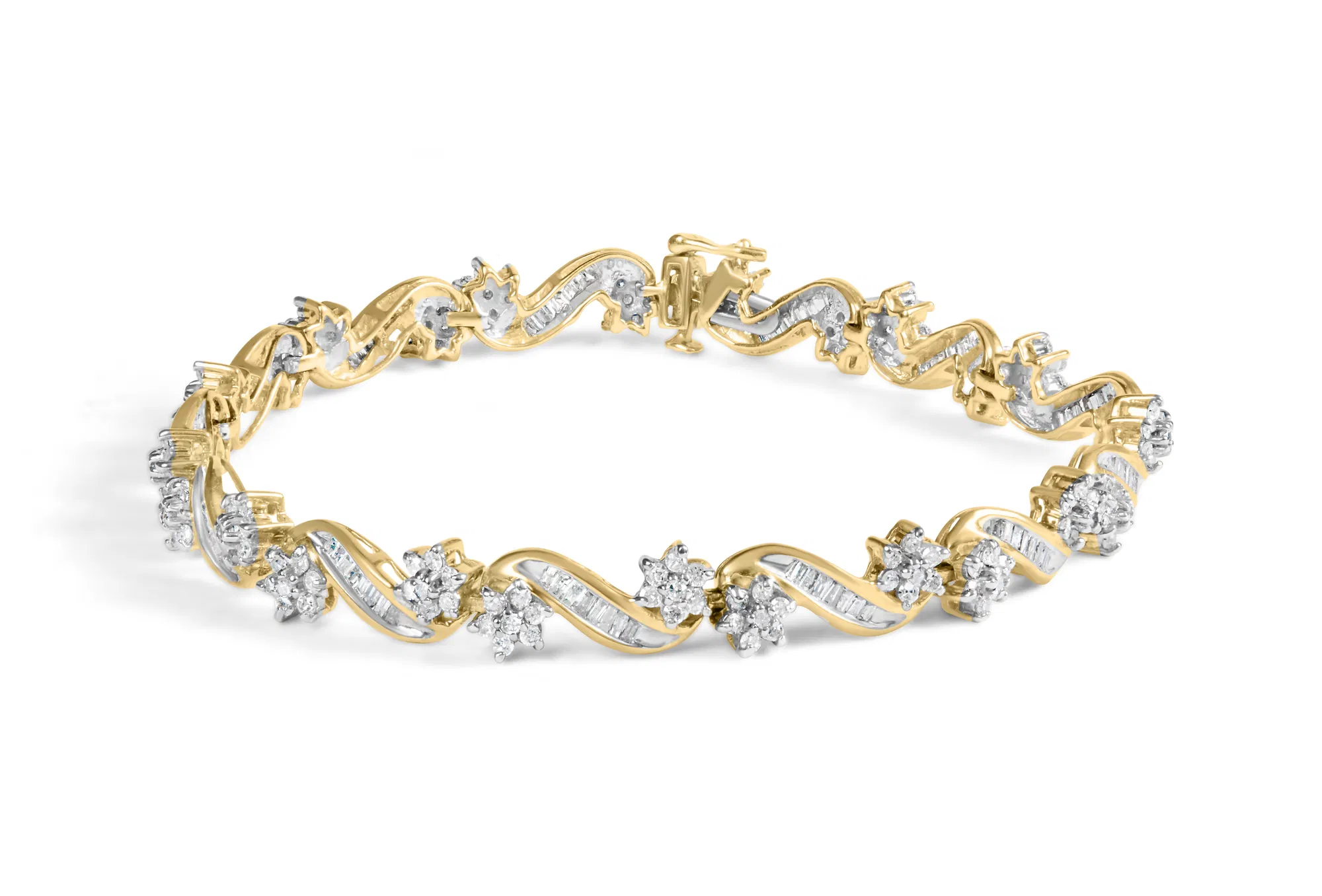 10 Karat Gelbgold 3,00 Cttw Round-Cut und Baguette-Cut Floral Link 7.25