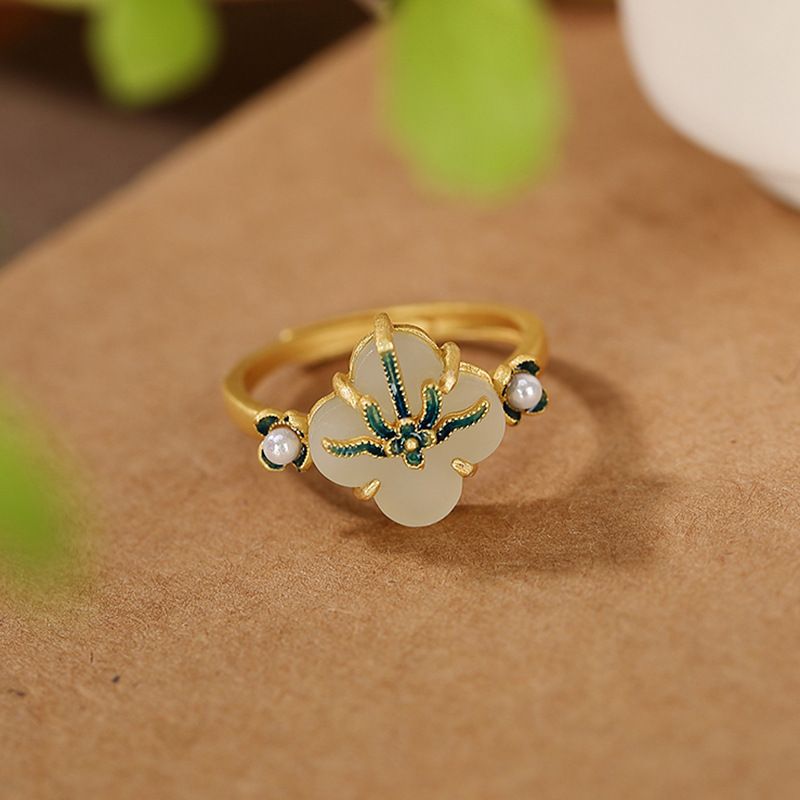 Sterling Silber Gold Plated Hiean Jade Clover Ohrringe Ring Anhänger Set