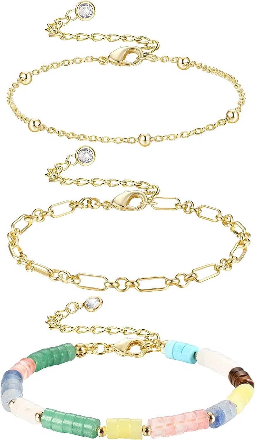 14K Gold Plated Adjustable Layered Armbänder Goldketten Armbänder Sets Cuban Link Armband Flat Herringbone Chain Armband Figaro Chain Armbänder Dainty Stacking Beaded Armband für Frauen