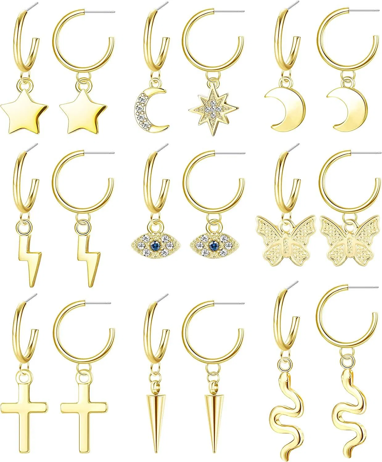 9pcs Goldplated Cute Huggie Hoop Dangle Ohrringe Set für Frauen Schmetterling Mond Stern Schlange Cross Spike Mini Trendy Hoop Ohrringe mit Dangle Charms