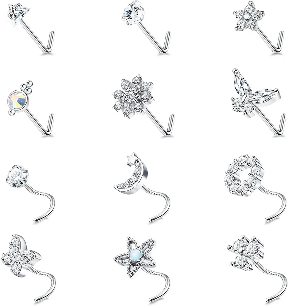 12pcs Nasenringe L-geformt S-geformt für Frauen 20G Chirurgische Edelstahl Bling CZ Opal Blume Schmetterling L Nasen Studs S Nasen Piercing Schmuck