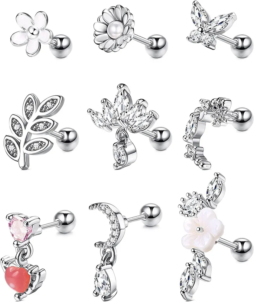 6pcs 16G 316L Edelknorpel Ohrringe Dangle Helix Knorpel Tragus Ohrringe Studs Mond Schmetterling Herz Saturn Ohr Piercing für Frauen Männer