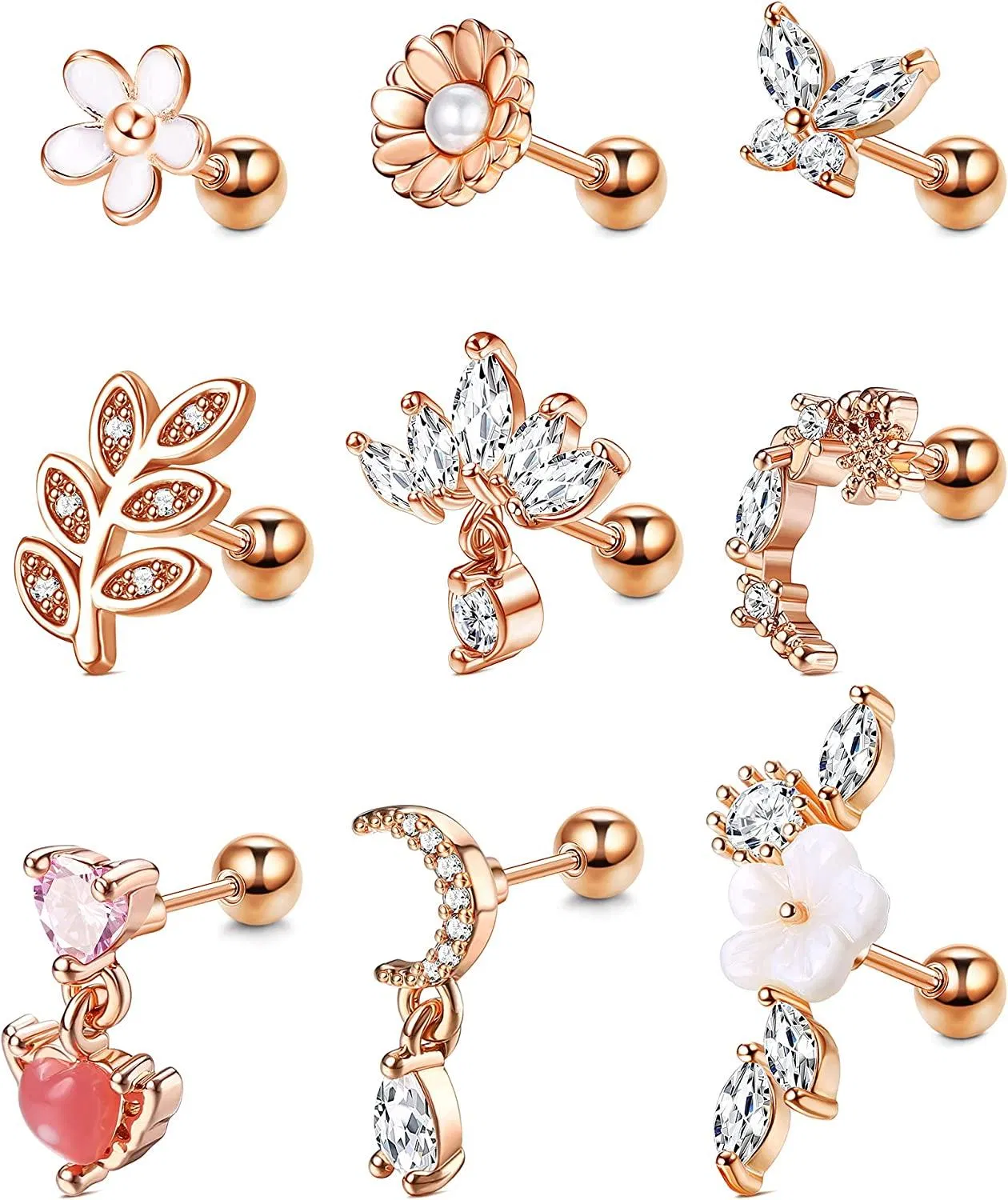 6pcs 16G 316L Edelknorpel Ohrringe Dangle Helix Knorpel Tragus Ohrringe Studs Mond Schmetterling Herz Saturn Ohr Piercing für Frauen Männer