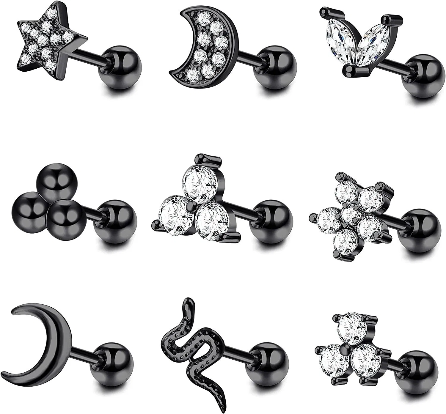 9pcs Knorpel Ohrringe Helix Tragus Ohrringe CZ Mond Stern Schlange Blume Schraube Rücken Ball Stud Edelknorpel Ohr Piercing für Frauen Männer