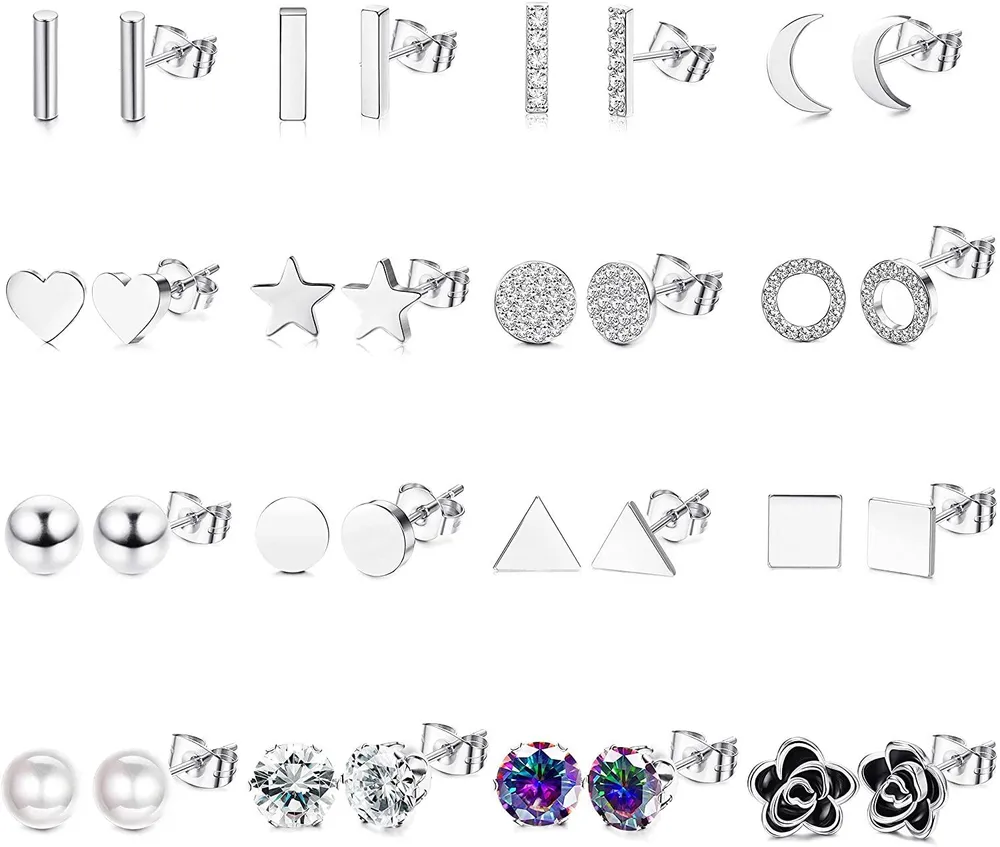16 Paare 20G Edelstahl Stud Ohrringe Set für Frauen Star Moon Herz Blumen Stud Ohrringe geometrische Bar Runde Ball CZ Perl Knorpel Helix Ohr Piercing Silber