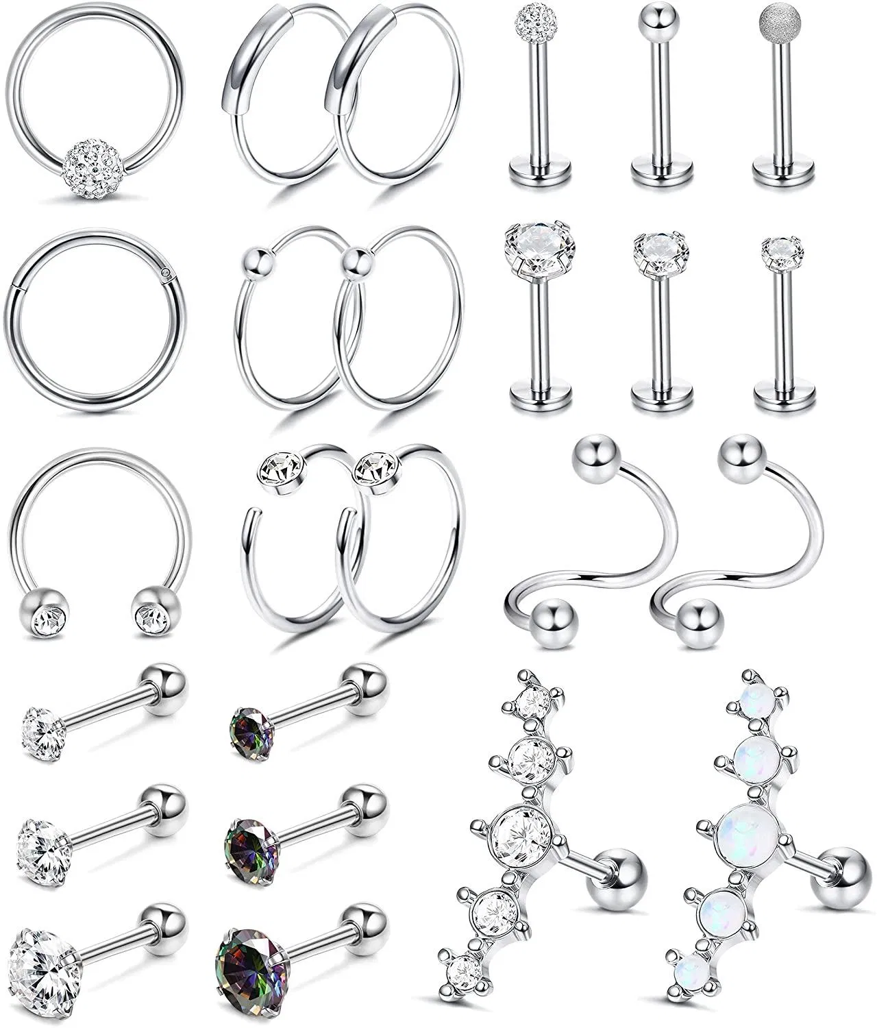 25pcs Knorpel Ohrringe Hoop Studs für Frauen Männer 316L Edelstahl CZ Lippenringe Labret Studs Helix Tragus Ohrringe Muscheln Daith Piercings Schmuck