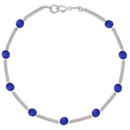 Sterling Silver Dark Blue Cats Eye Bar & Bead Bracelet