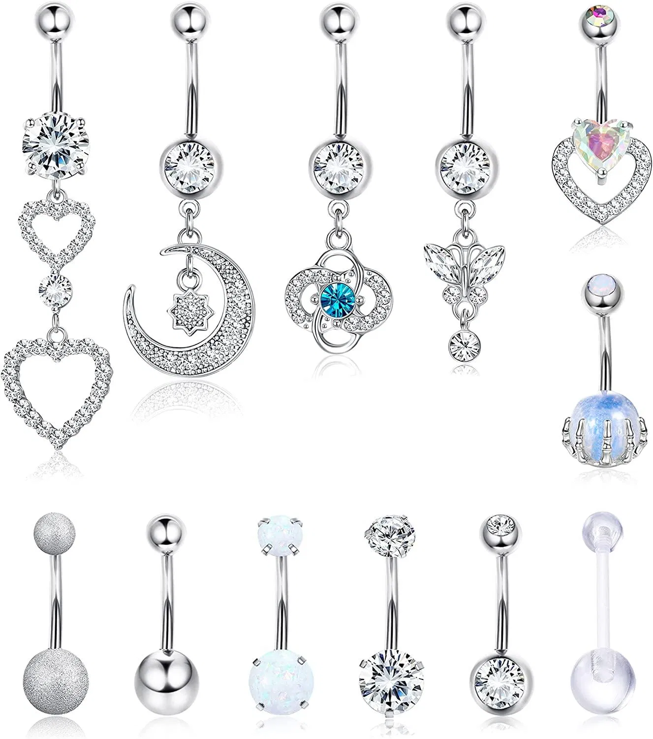 12 Stück 14G Bauchknopfringe Chirurgische Bauchringe für Frauen Bauch Piercing Nabelringe Kurz und Dangle Bauchknopfringe Opal Herz Schmetterling Barbell Körper Piercing Schmuck