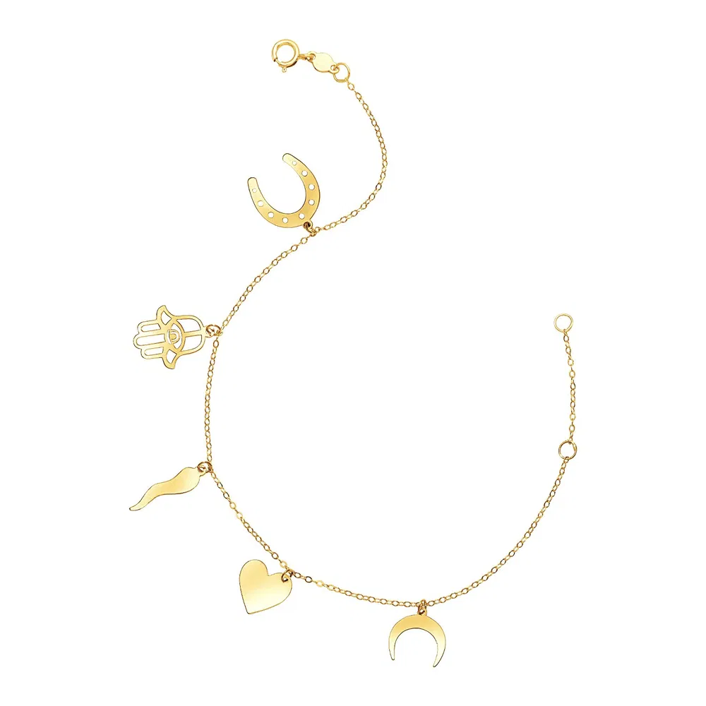 14 Karat gelbes Gold 7 Zoll Armband mit polierten Charms