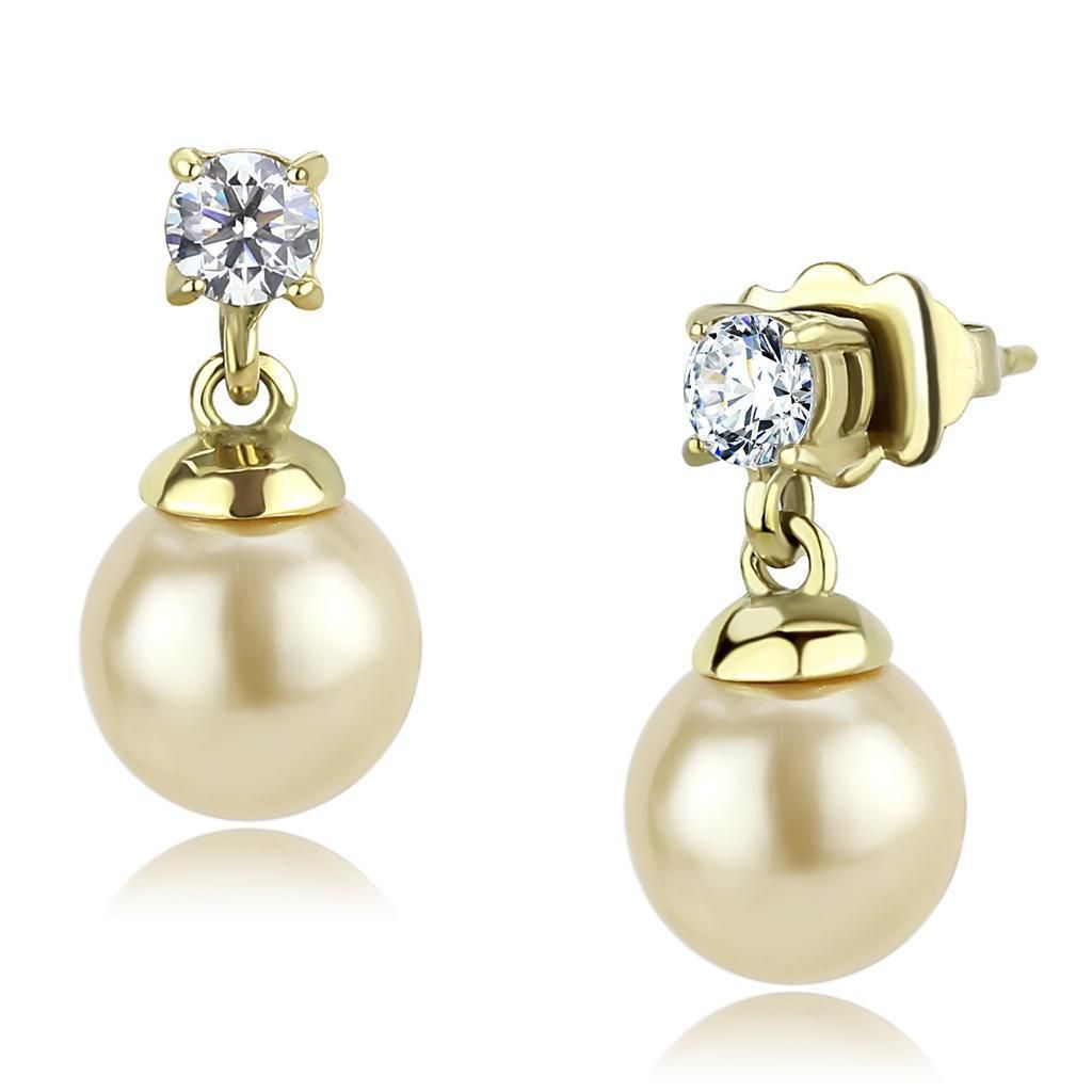 TK3480 - IP Gold (Ionenplating) Edelstahl Ohrringe mit synthetischer Perle in Champagner