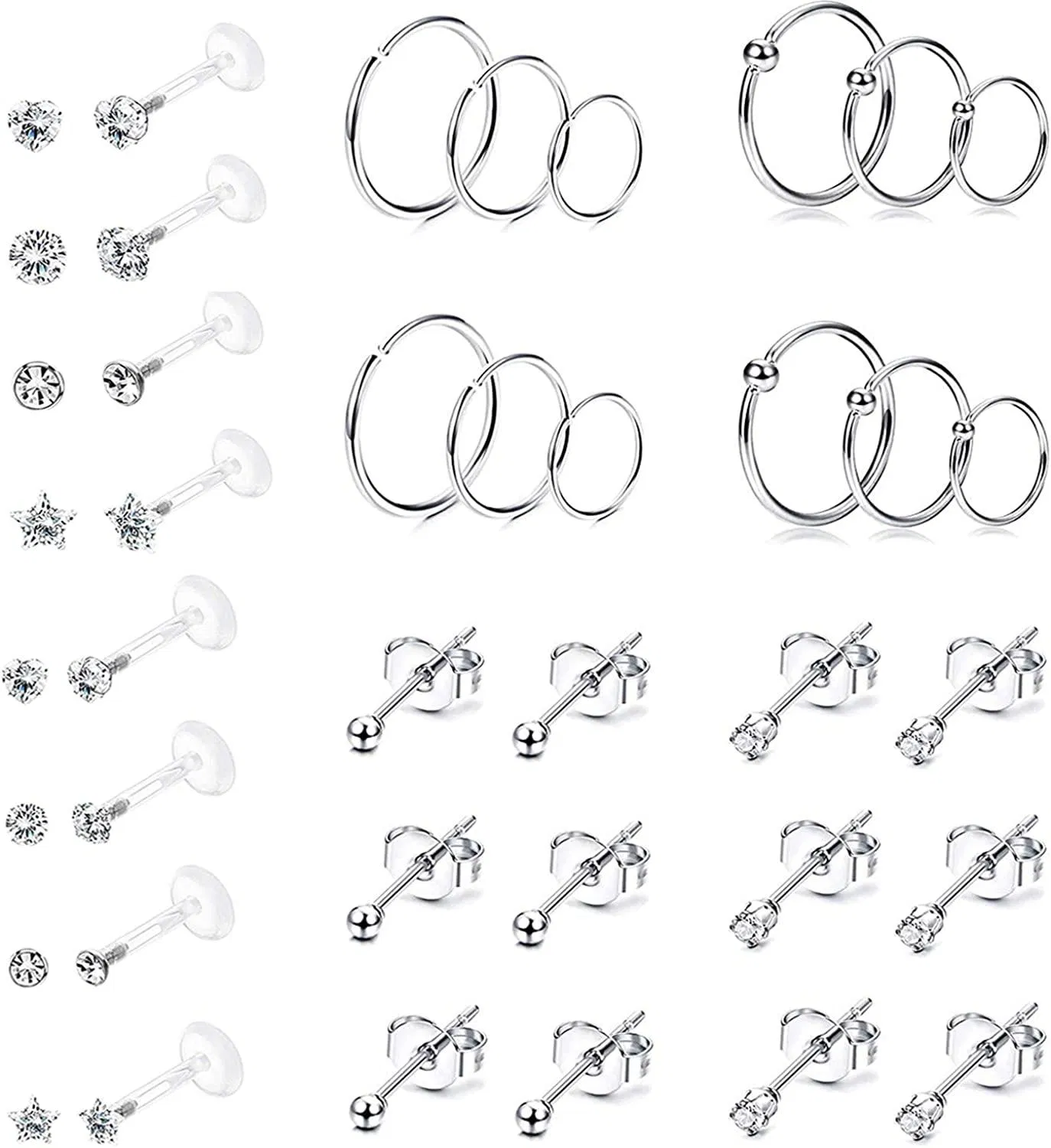 20Paare Helix Knorpel Ohrringe Schreifen für Frauen Männer Tiny Stud Ohrringe Tragus Ohrringe Edelstahl Kreis Lippen Ohr Piercing Ball Stud Ohrringe Barbell Piercing für Frauen Männer