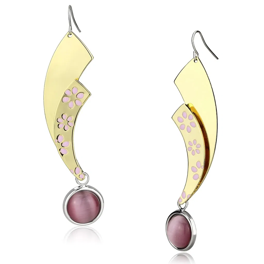 LO2731 - Gold + Rhodium-Eisen - Ohrringe mit synthetischem Katzenauge in Rose