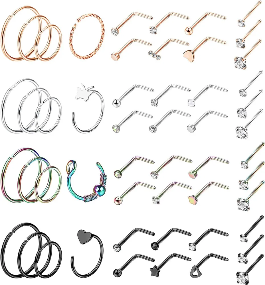 20g Nasenringe Schleife Nasenringe Studs L-Form 2 / 3 / 4MM Nasenknochen Chirurgie Edelstahl Knorpel Septum Nasenringe Schleife CZ Herz Schmetterling Nasen Piercing für Frauen Männer 52PCS