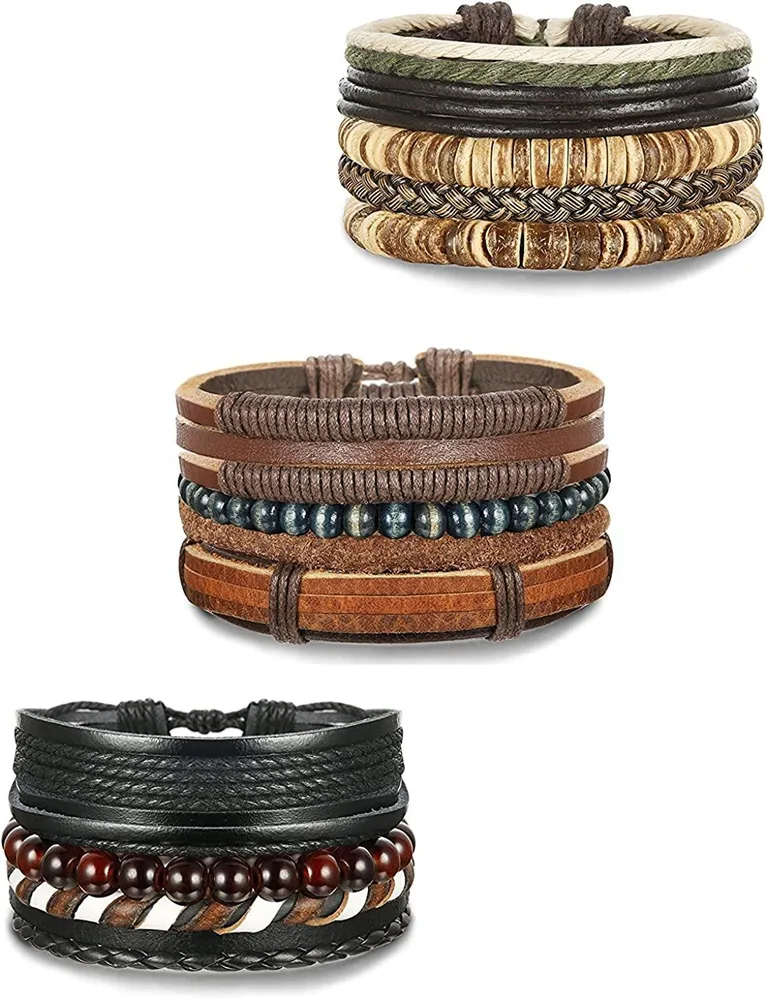 12PCS Leder Armbänder Set für Männer Frauen Holzperlen geflochten Armbänder Punk Vintage verstellbare Charms Armband Seil Wrap Handmade