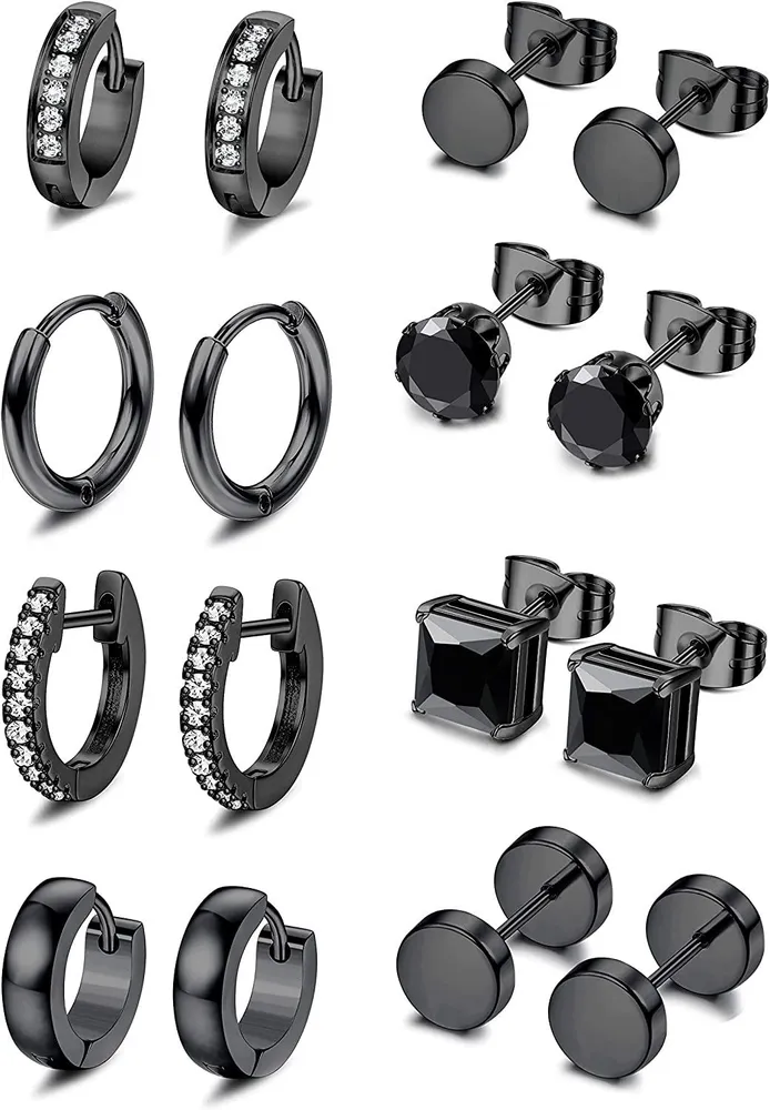 Black Stud Ohrringe Edelstahl Sliver Huggie Hoop Ohrringe Tunnel Ohrringe CZ Stud Ohrringe Sets für Männer 8 Paare