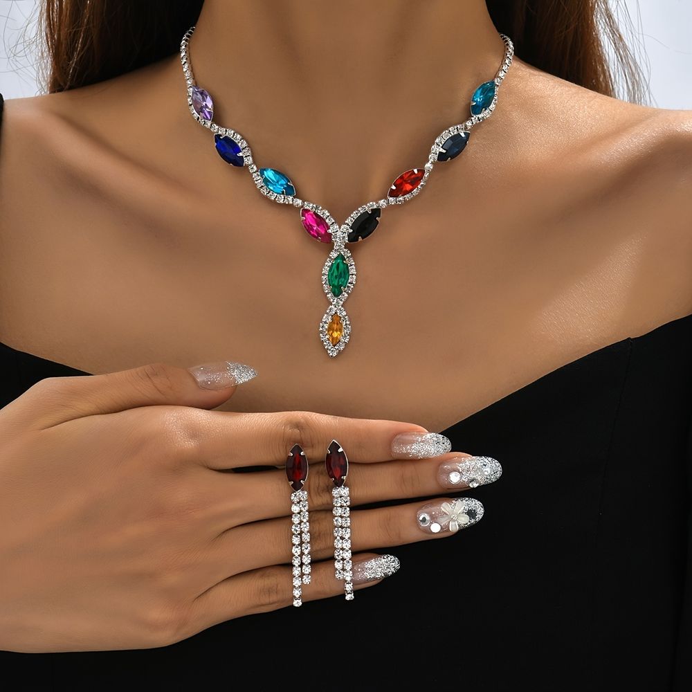 Damen farbenfrohe Kristall Halskette Ohrringe 2 Stück Set Schmuck