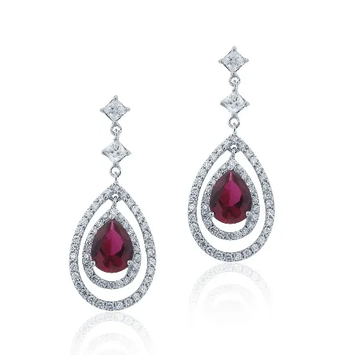 Sterling Silber geschaffen 4ct Ruby & CZ Triple Teardrop Dangle Ohrringe