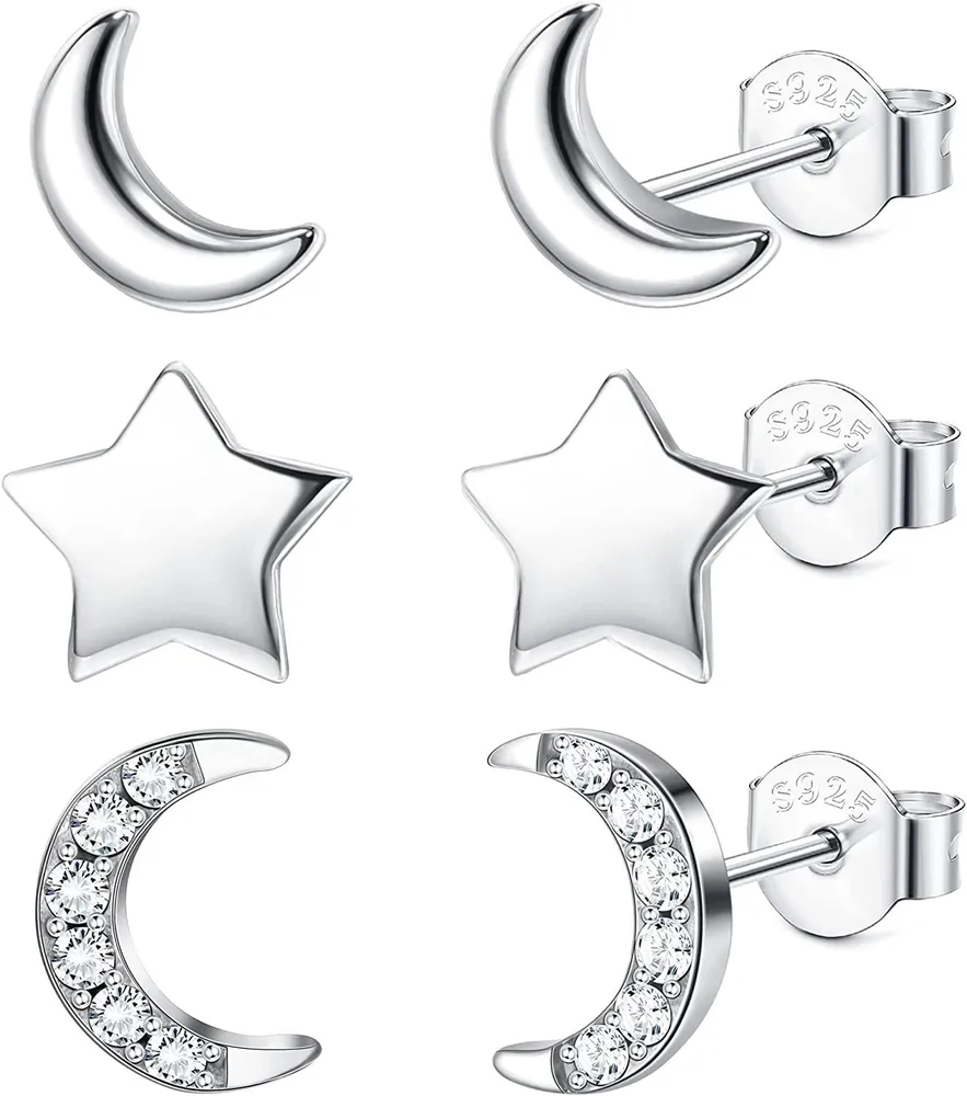 3 Paare 925 Sterling Silber winzige / kleine Studs Ohrringe Set für Frauen Mädchen süße Ohrringe Sets Star Moon Cubic Zirkonia Stud für Frauen Mädchen