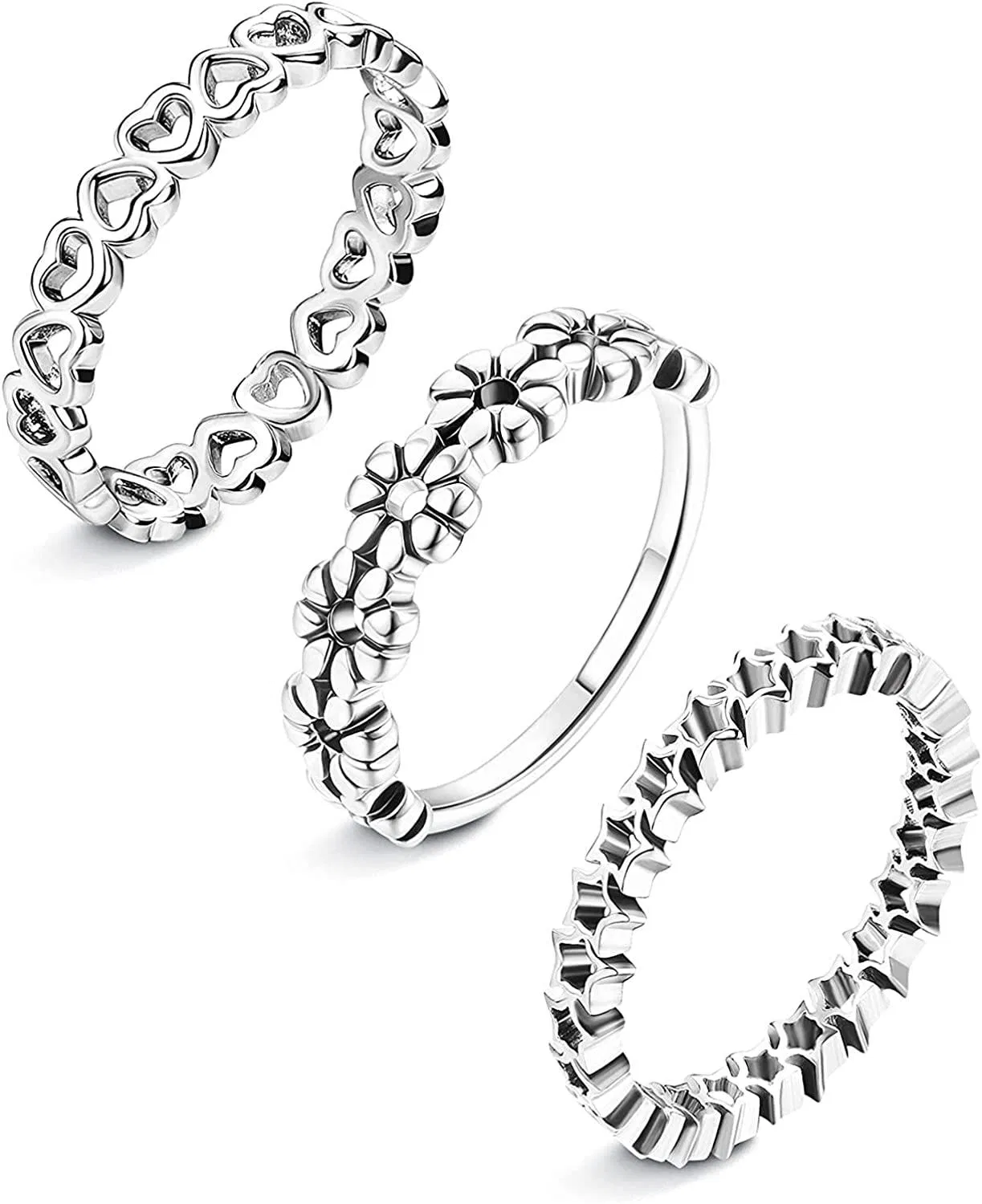 3pcs Edelstahl Stackable Ringe für Frauen Herzen Daisy Flower Star einfacher Ring Band Dainty Verlobung Hochzeitserklärung Liebe Versprechen Ringe Schmuck Größe 5