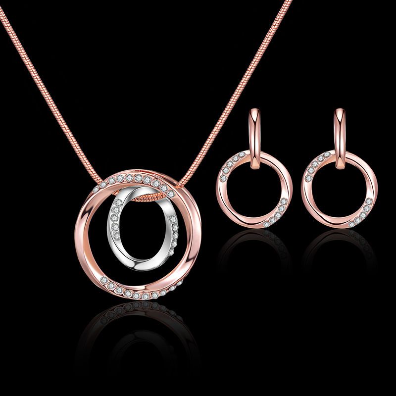 Einfache Kreise Schmuck Accessoires Set Eingelaid Rhinestones Anhänger Halskette & Stud Dangle Ohrringe Schmuck Geschenk für Frauen & Mädchen