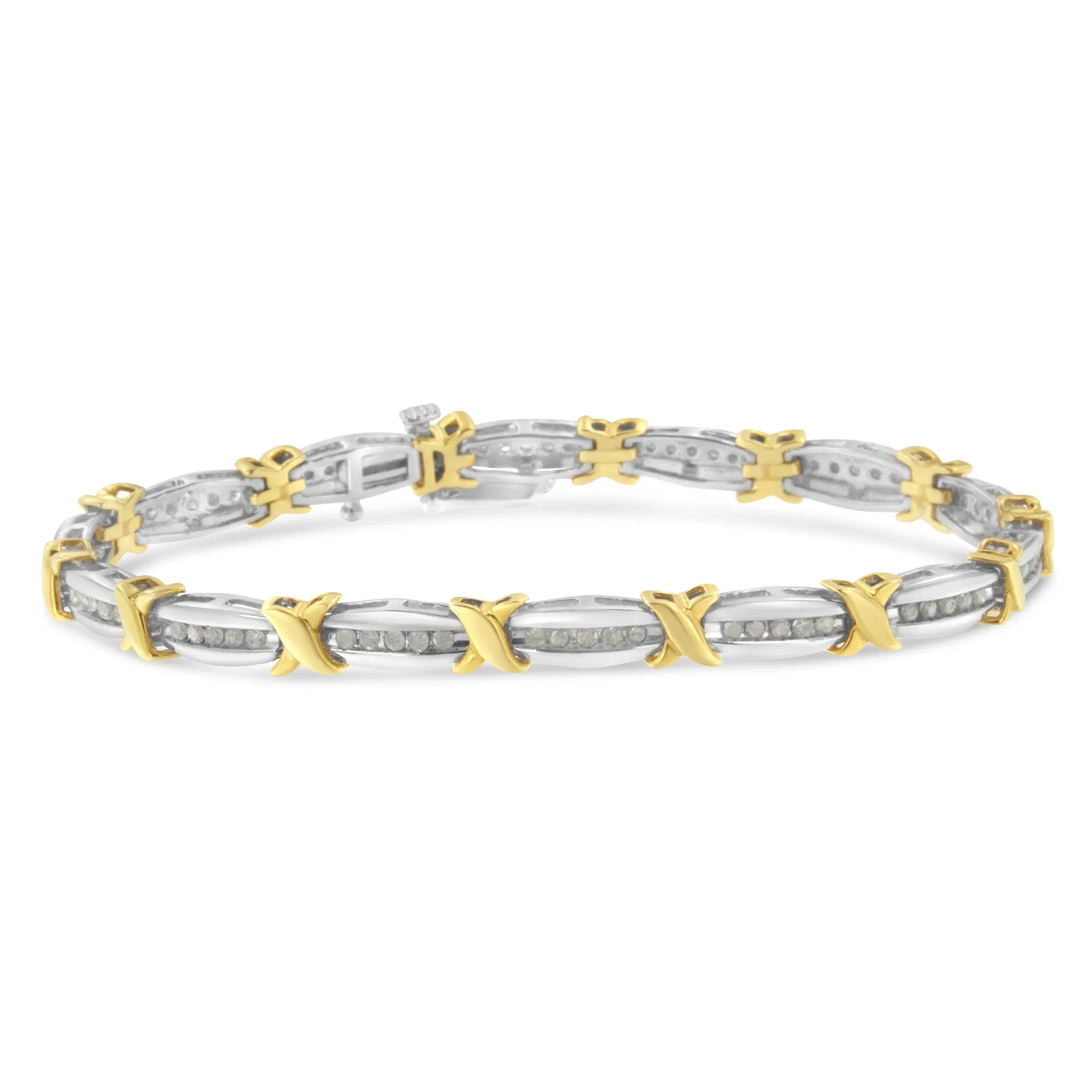 Zwei-Ton 10K Gelbgold über .925 Sterling Silber 1,0 Cttw Diamant Kanal Set Tapered & X-Link 7