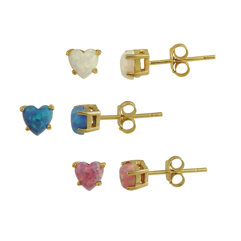 18 Karat Gold über Sterling Silber Blau, Rosa und Weiß Opal Herz Stud Ohrringe Set, 5mm