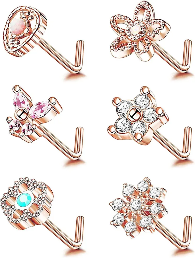 6pcs 20G Edelstahl Nasenringe Studs CZ L-Form Schmetterling Schneeflocken Blume Nasen Studs Schraubenringe Körper Helix Piercing Schmuck