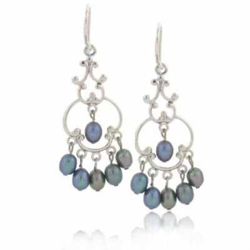Sterling Silber Filigree Echtes Frischwasser Grau Cultured Pearl Ohrringe