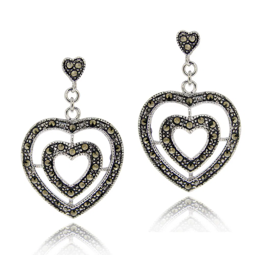 Sterling Silber Marcasite Doppel-Herz - Dangle-Ohrringe