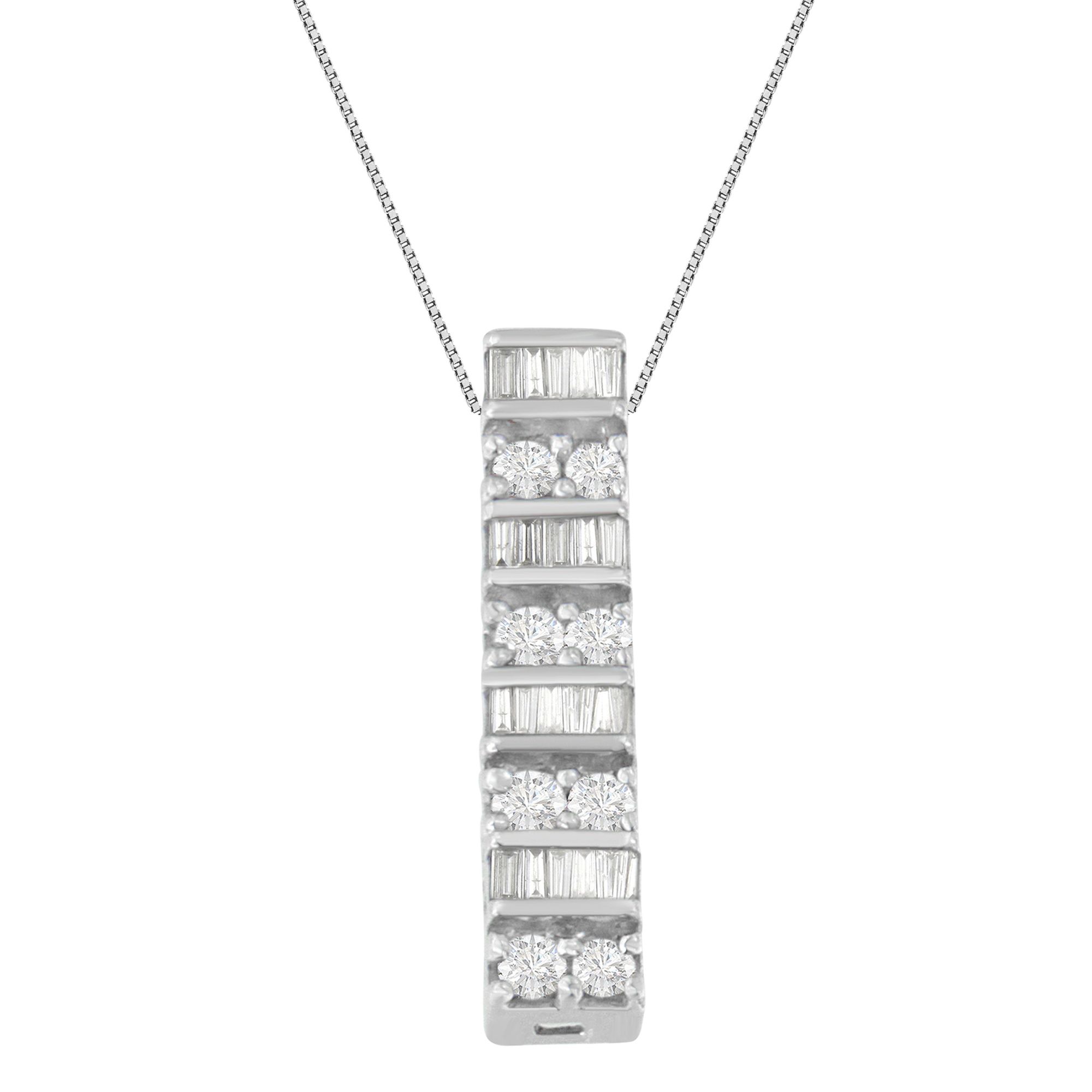 14K Weißgold Round and Baguette Cut Diamant Pendant Kette (5 / 8 cttw, H-I Farbe, I1 - I2 Klarheit)
