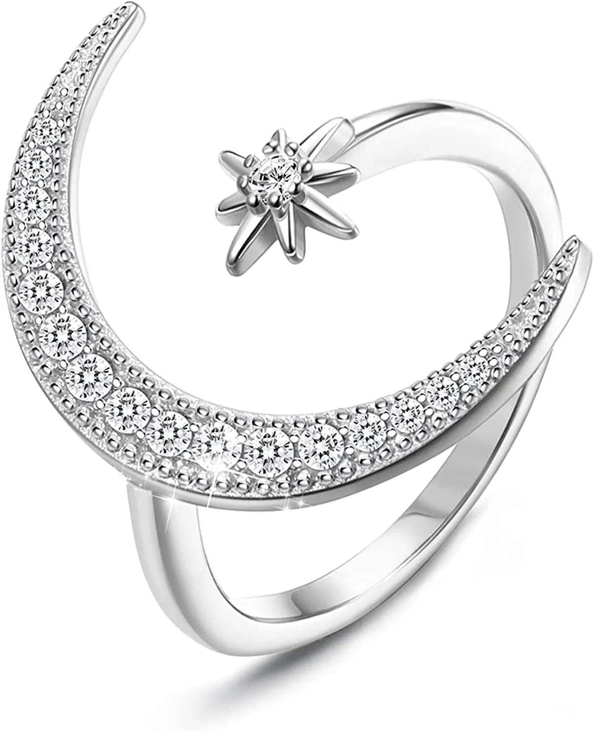 925 Sterling Silber Ring für Frauen Mädchen verstellbarer Öffnungsring Crescent Moon und Stern Ring mit Kubik Zirkonia Patron Saint Series Ring Schmuck
