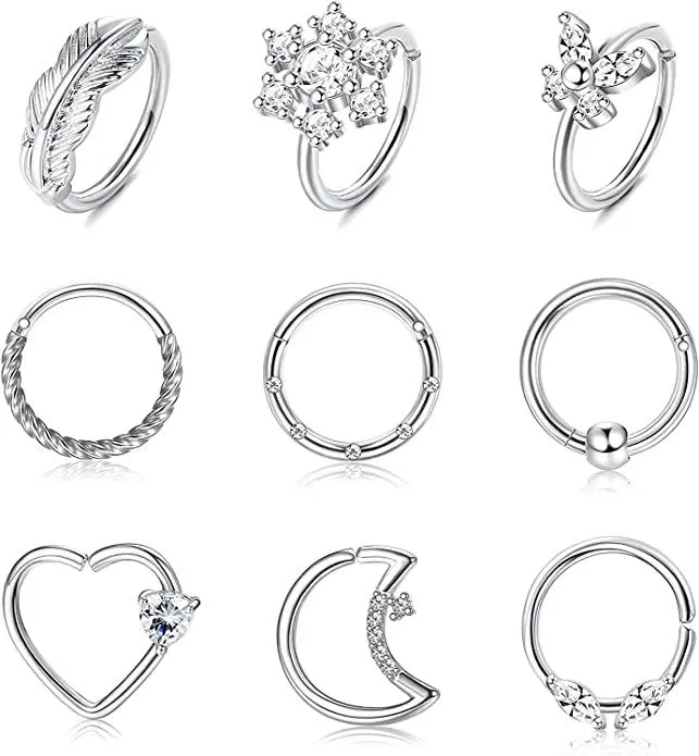 9PCS 16G / 20G Edelstahl Schmetterlingsblatt Blumen Nasenring Schleife Herz Mond Helix Tragus Daith Knorpel Schlaf Ohrringe Scharnier Clicker Nasenring Schleife für Frauen Männer