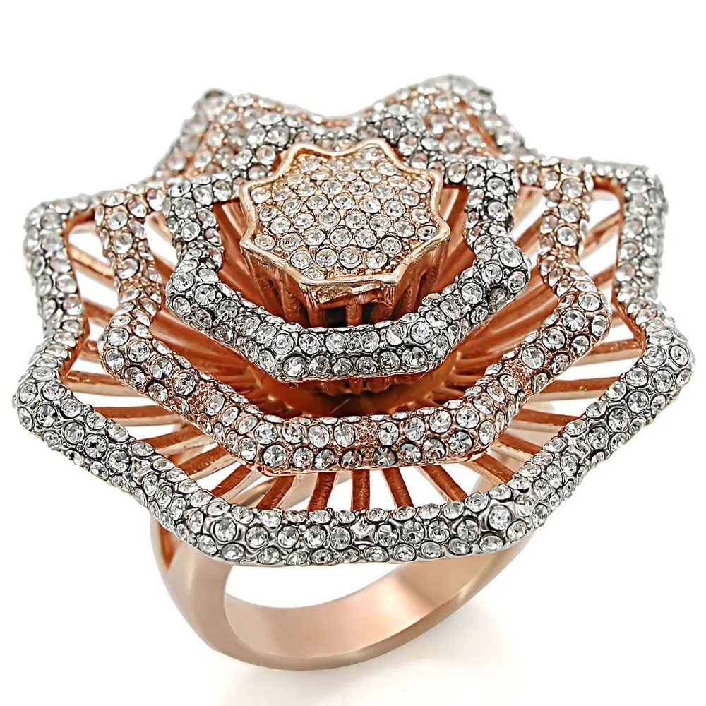 1W023 - Rosegold + Rhodium-Messing - Ring mit Top-Grade - Kristall in Clear