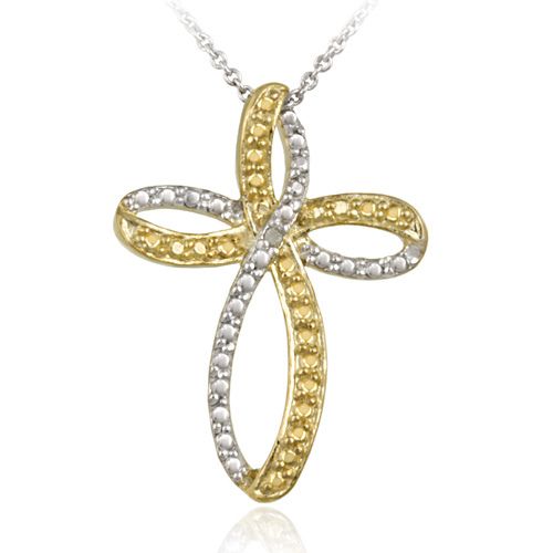 Sterling Silber Zwei-Tone Gelb Diamant Akzent Ribbon Cross Anhänger