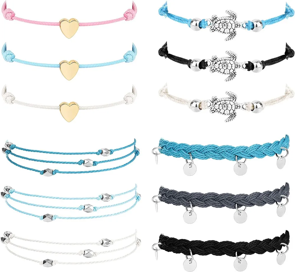 12PCS Damen Strand Schildkröte / Münze / Herz Knöchel Armbänder wasserdichtes Seil Boho Schicht Strand verstellbare Kette Ankleß Freundschaft Geschenk