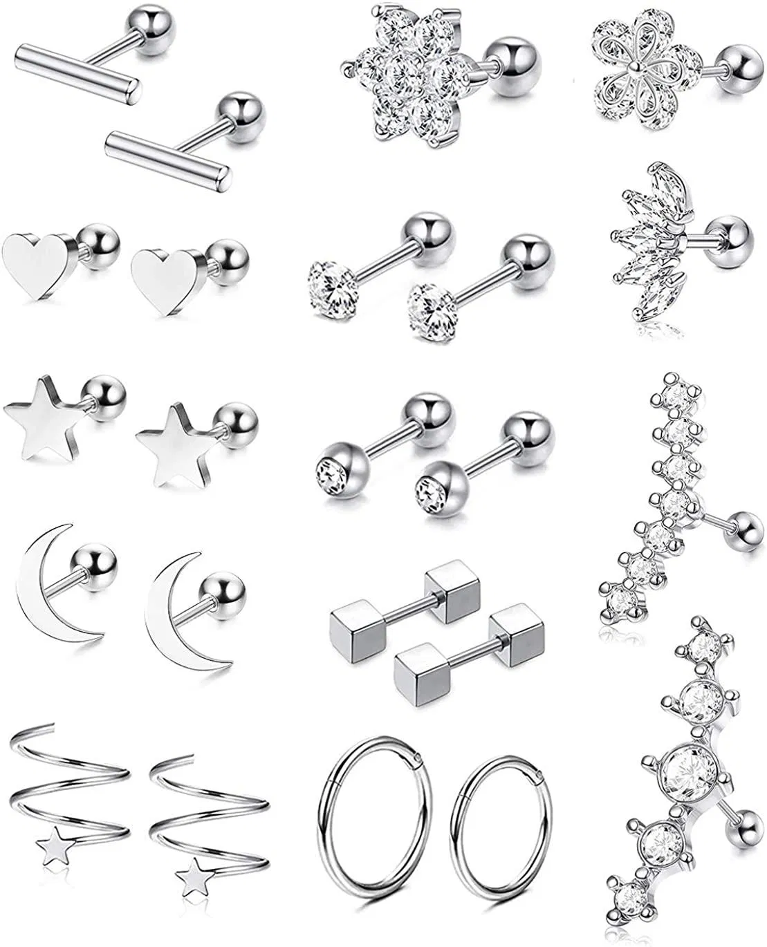 23 Stück Edelstahl Knorpel-Stapel - Ohrringe Helix Tragus CZ Barbell Conch Piercing Ohrringe Ohrhoop Ohrringe für Frauen Männer rund CZ Ohr Piercing Set