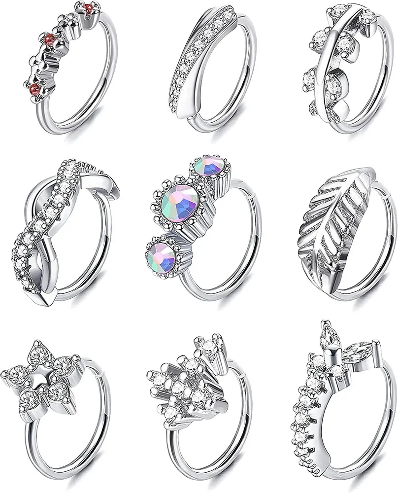 9 PCS 20G Nasenringe Schleife Edelsteinpflastert CZ Helix Knorpel Ohrring Crawler Hoop Ohrringe Blattblumen Lippen Nase Piercing Nasen Hoop Nasenringe für Frauen