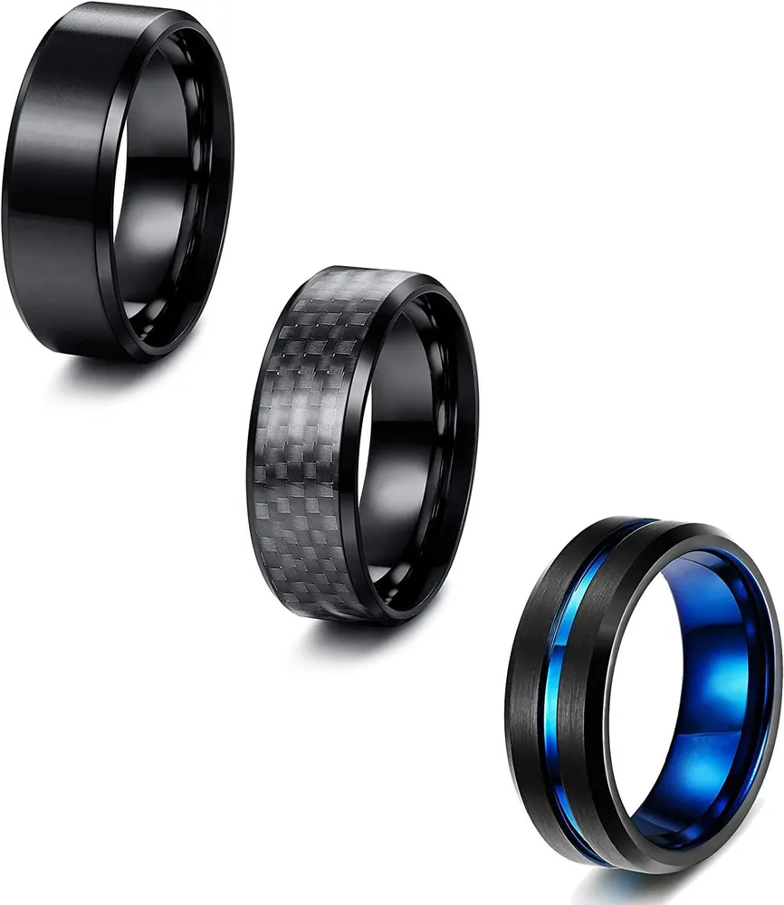 3pcs Edelstahl Ringe für Männer 8MM Ringe Carbonfaser Schwarz Plated Charm Männliche Ringe Hochzeitsversprechen Band Ring Cool Ring Größe 10