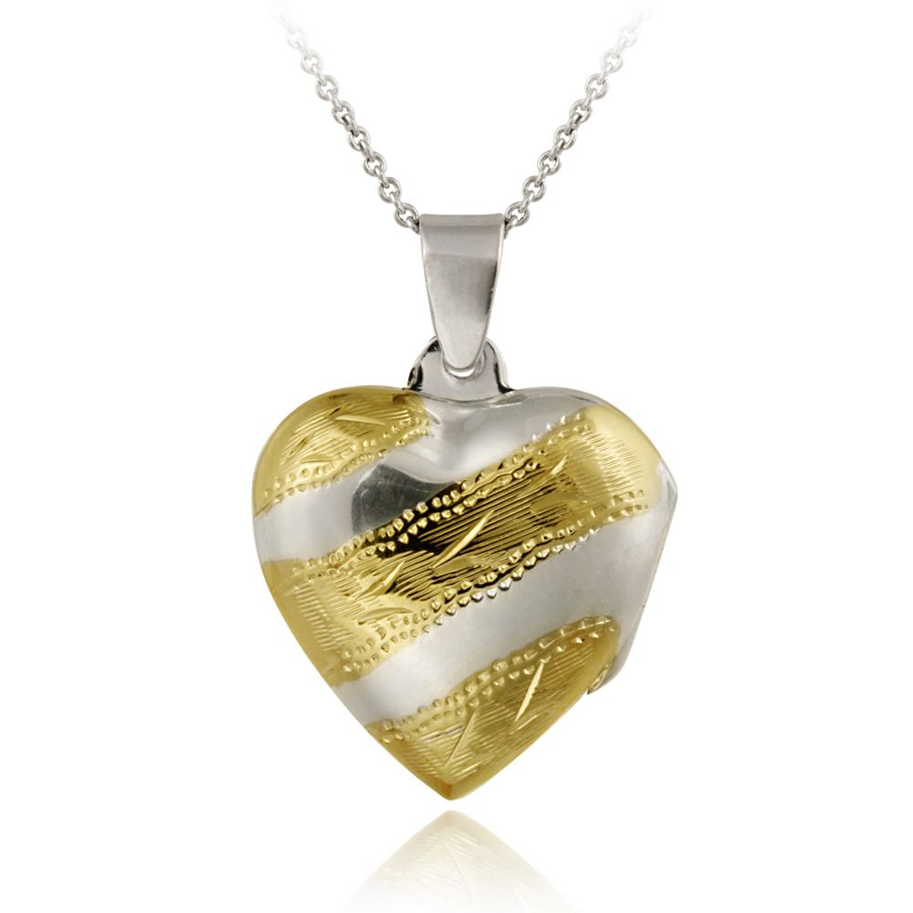 Sterling Silber Zwei-Tone Gravierte Streifen Herz Locket Anhänger