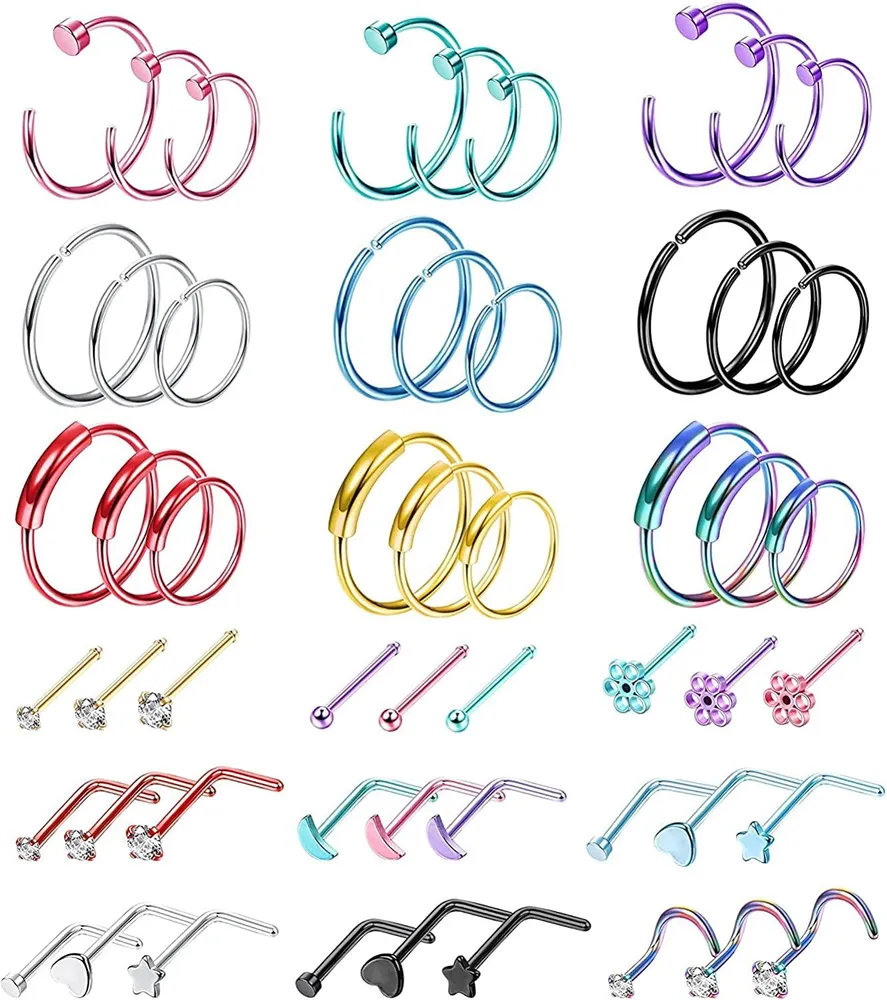 54Pcs 20G Nasenring Schleife für Frauen Männer 316L Edelstahl Mond Blume Herz Nasenringe L-förmige Pin CZ Schraube Nasen Studs Schleife Nasen Piercing Jewelly Set