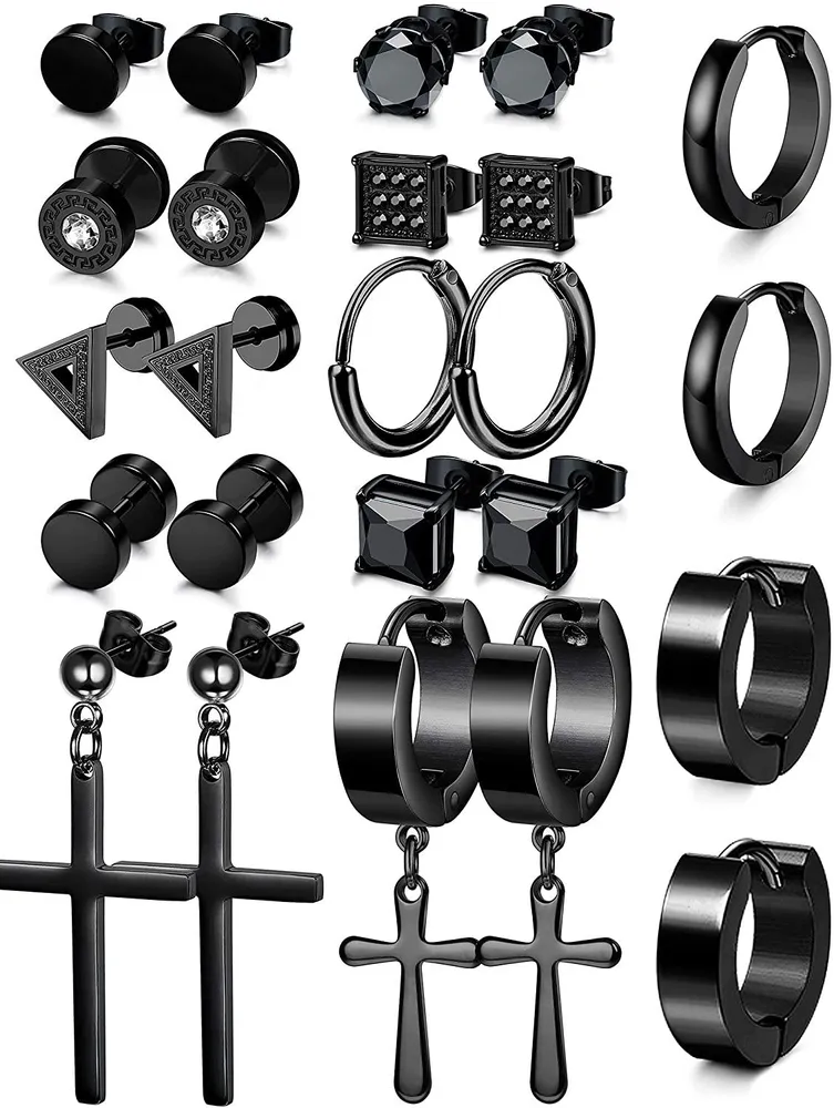 12 Paare Schwarzer Edelstahl Stud Ohrringe für Frauen Männer Hoop Barbell Dreieck Huggie Ohrringe Piercing Jewelry Set