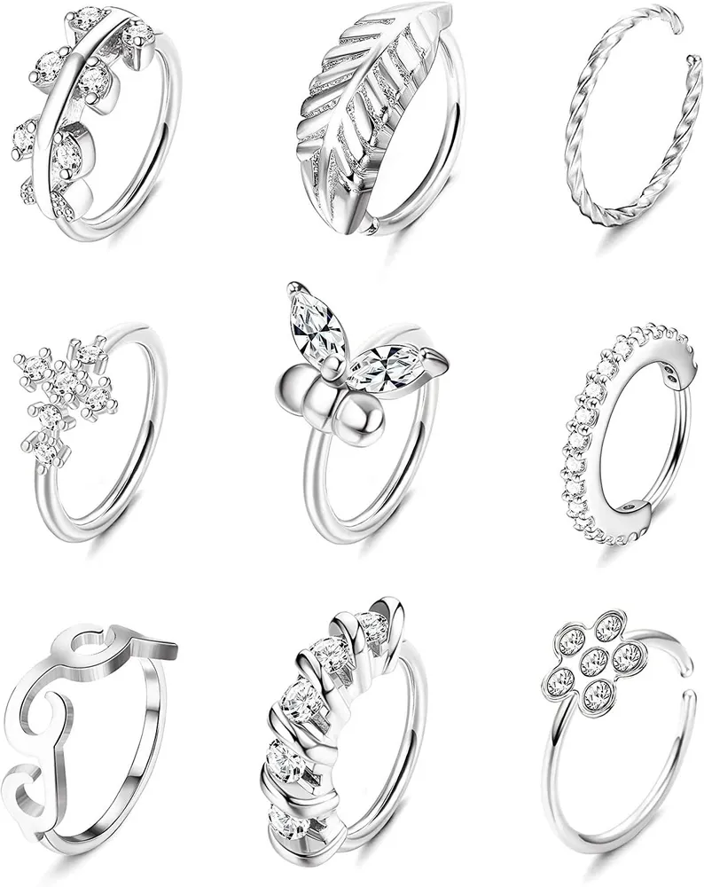 9pcs Edelstahl Nasen Ringe Schleife Pflaster CZ Bendebare Nasen Knorpel Schleife Ringe Schmetterlingsblume Nasen Piercing für Frauen Männer 20G