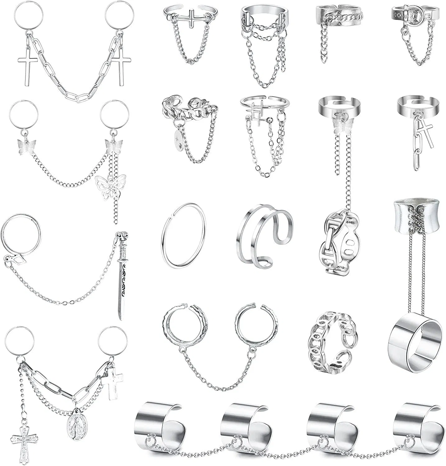 20 Stück Kettenringe Punk ästhetische Ringe einstellbare stapelbare Vintage Goth Ringe für Männer Frauen Egirls Eboys Gothic Ringe Emo Alt Zubehör Y2k Knuckle Ringe Set