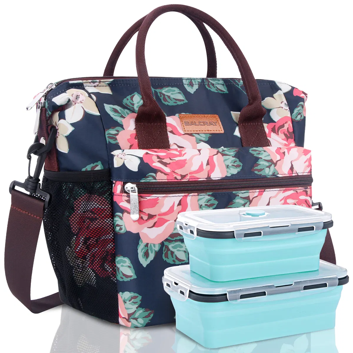 Mittagessenbeutel für Frauen Doppeldeck isolierte Mittagessenbox Große Kühlkoffer Tote Tasche mit offenen thermischen Mahlzeiten Zubereitung Mittagessen Organizer Box für Erwachsene / Arbeit / Outdoor; G - 206L große Blumen mit blauen Boxen