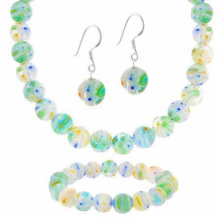 Sterling Silber Murano Glas Grün, Gelb, Blau und Weiß Perlen Millefiori Armband Ohrringe und Halskette Schmuckset