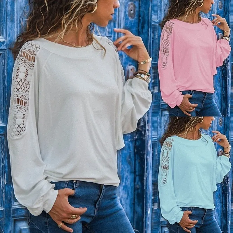 Frauen Mode Casual Solid Color Patchwork Lace Round Neck Tops Long Sleeve Plus Size Locker Unregelmäßiger Pullover Herbst Baumwollbluse 4 Farbe S - 5XL