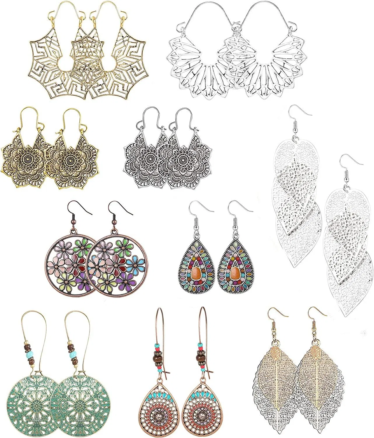 12 Paare Boho Vintage Drop Dangle Ohrringe für Frauen Böhmischer National Stil Hohl Wasser Drop Ohrringe Set