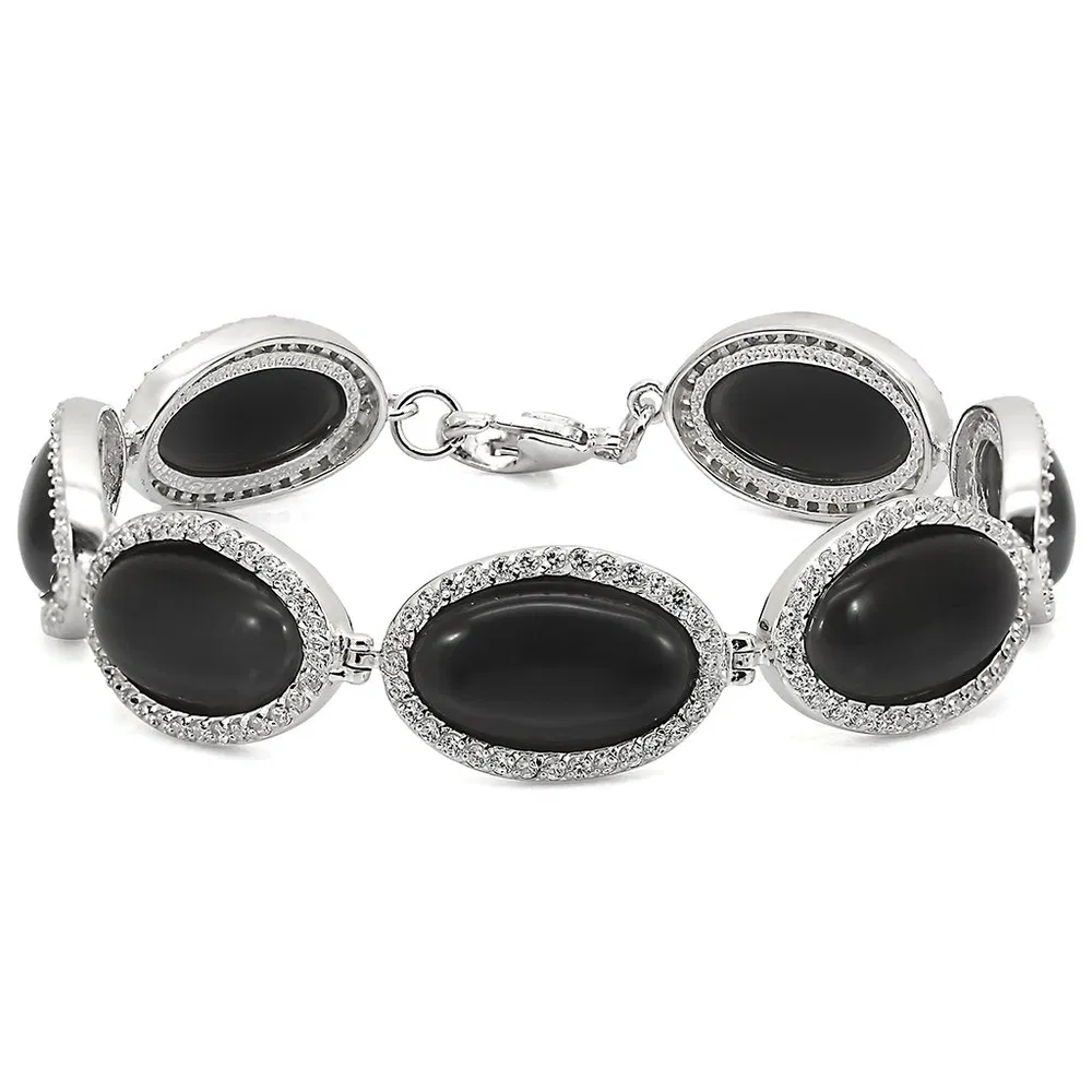 LOS330 - Rhodium 925 Sterling Silber Armband mit synthetischem Katzenauge in Jet