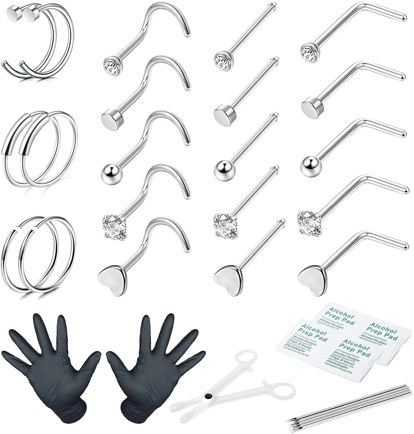 21PCS Nasen Piercing Kit 18G 20G Edelstahl Nasenring Hoop Ohrstöcke Knorpel Tragus Helix Ringe Professional Body Piercing Kit