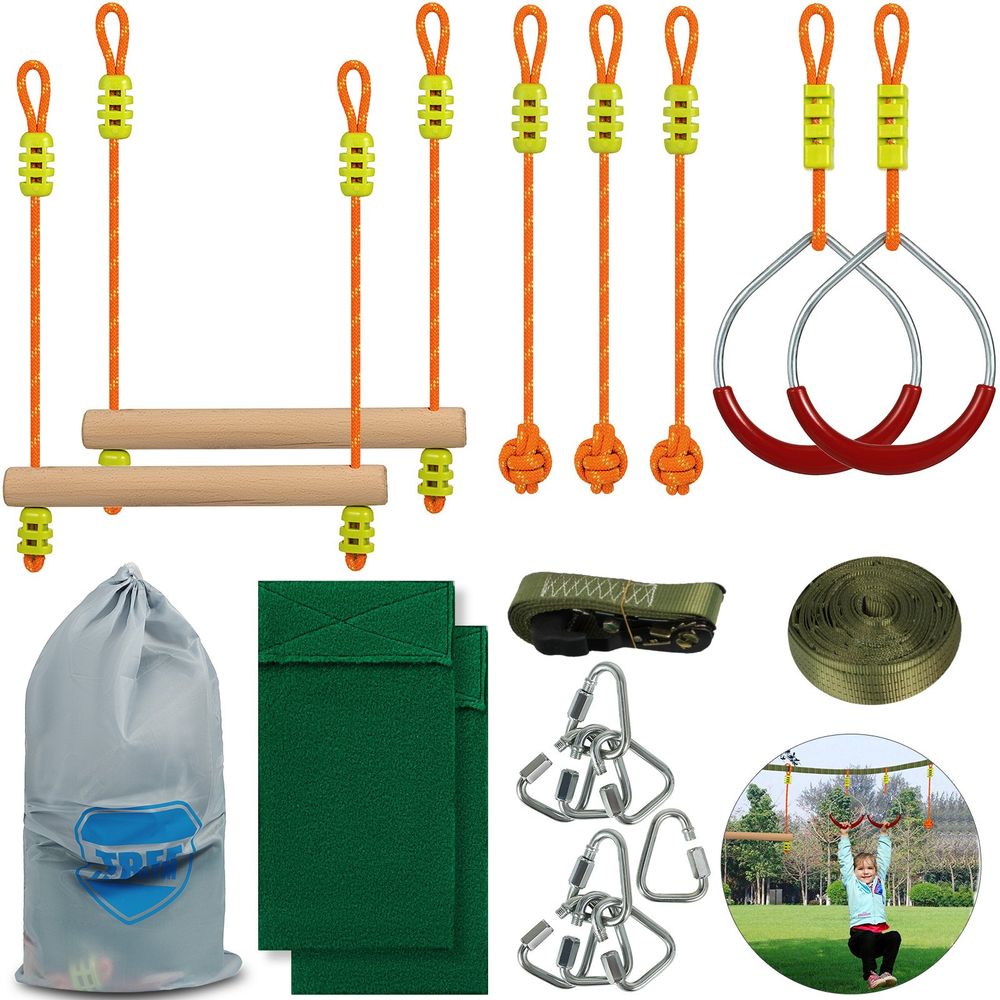 VEVOR Ninja Warrior Hinderniskurs für Kinder, 36FT Ninja Line Slackline mit Gym-Ringen, Affen-Bars, Seilknoten, tragbare Outdoor Ninja Course Trainingsausrüstung Set für den Hinterhof